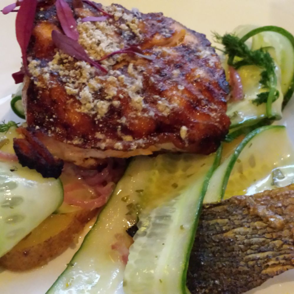 Rustica - Salmon with cucumber, dill, and butter potatoes. Skin on the side. - Modern European Near Me - Kalamazoo, Michigan Rustica - Salmon with cucumber, dill, and butter potatoes. Skin on the side. - Modern European Near Me - Kalamazoo, Michigan