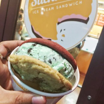 Slickables - Red velvet and white chocolate macadamia cookies with mint chip ice cream - Ice Cream & Frozen Yogurt Near Me - Tempe, Arizona Slickables - Red velvet and white chocolate macadamia cookies with mint chip ice cream - Ice Cream & Frozen Yogurt Near Me - Tempe, Arizona