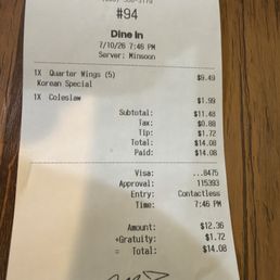 Receipt for quarter chicken wings and coleslaw. Receipt for quarter chicken wings and coleslaw.
