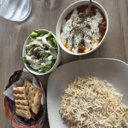 The eggplant dish. Comes with rice, salad and bread. The eggplant dish. Comes with rice, salad and bread.