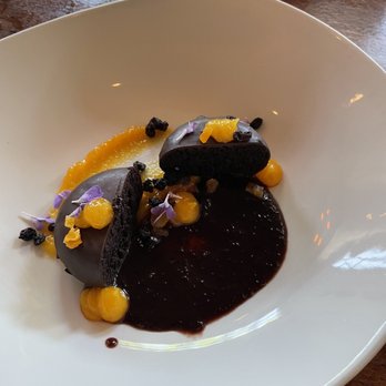 Taste - Chocolate indulgence dessert with port and currant sauce and apricot purée - New American Near Me - Plymouth, California Taste - Chocolate indulgence dessert with port and currant sauce and apricot purée - New American Near Me - Plymouth, California