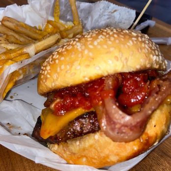 Brgr Stop - Peanut butter jelly time burger with cheese fries - American Near Me - Fort Lauderdale, Florida
