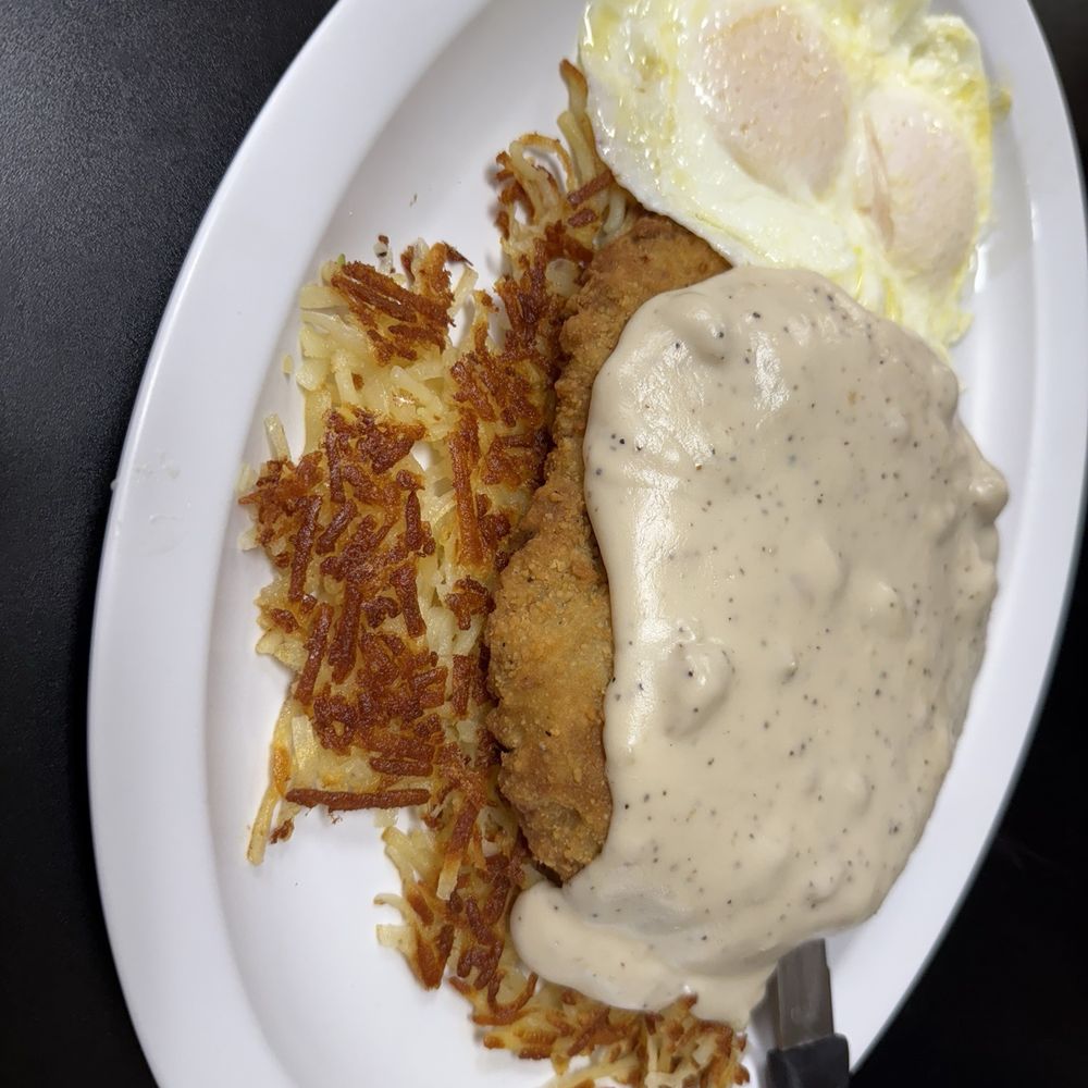 Mom's Diner - Chicken fried steak with hash browns and eggs (and a biscuit not pictured) - Diners Near Me - Pahrump, Nevada Mom's Diner - Chicken fried steak with hash browns and eggs (and a biscuit not pictured) - Diners Near Me - Pahrump, Nevada
