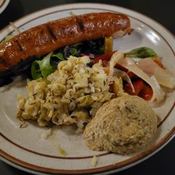 Mastiff Kitchen at North Park Beer - Andouille sausage with sauerkraut and onions. Not bad, but salty!