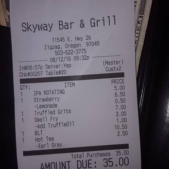 Skyway Bar & Grill - Medical Supplies bill - Barbeque Near Me - Zigzag, Oregon