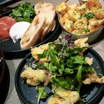 The Franklin Room - Top left: truffle burrata. Top right: cauliflower tots Bottom: fried squash blossoms - American Near Me - Chicago, Illinois The Franklin Room - Top left: truffle burrata. Top right: cauliflower tots Bottom: fried squash blossoms - American Near Me - Chicago, Illinois