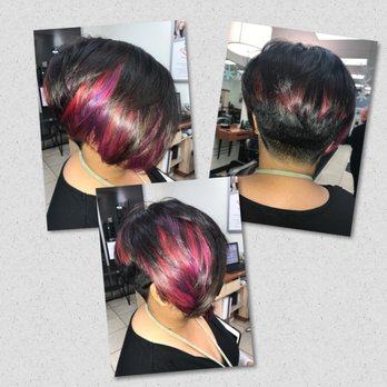 Jaxson Mane Salon - Funky pinks and purple peek-a-boos on a stacked asymmetrical short bob. - Hair Extensions Near Me - Jacksonville, Florida Jaxson Mane Salon - Funky pinks and purple peek-a-boos on a stacked asymmetrical short bob. - Hair Extensions Near Me - Jacksonville, Florida