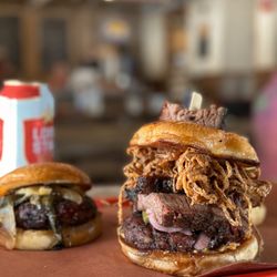 Black Board Bar B Q - The SmokeStack Burger: Ground Prime brisket with homemade patties, topped with hunks of smoked brisket.