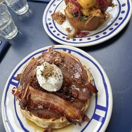 Sexy Benny Egg (back) and Pancakes Bacon & Poached Egg (front). Sexy Benny Egg (back) and Pancakes Bacon & Poached Egg (front).