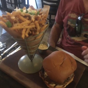 Thyme on Section - Pork belly burger with a generous portion of the delicious truffle fries - New American Near Me - Fairhope, Alabama