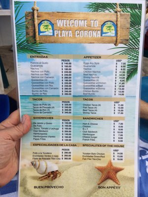 Menu photo 3 Playa de Corona Cozumel, ROO Menu photo 3 Playa de Corona Cozumel, ROO