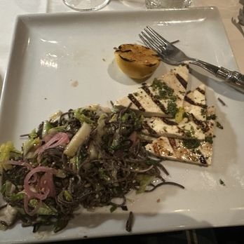 Fogo de Chão - grilled tofu with black bean noodles and carrot-ginger sauce with vegetables (uneaten at the time of this photo) - Brazilian Near Me - Towson, Maryland