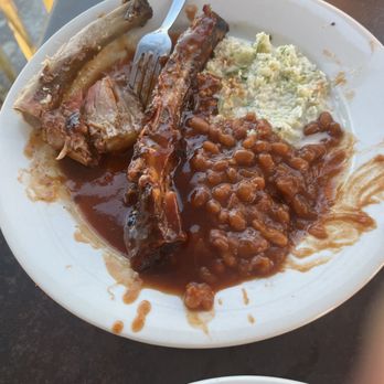 Hickory Pit Bar-B-Que - Ribs plus baked beans and slaw.  David was hungry too! - Barbeque Near Me - Chattanooga, Tennessee