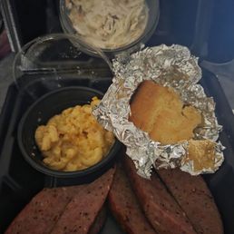 Links, Mac n cheese, cornbread, coleslaw Links, Mac n cheese, cornbread, coleslaw