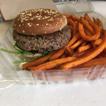 Cityfront Cafe - Black bean burger and sweet potato fries - Cafes Near Me - Chicago, Illinois Cityfront Cafe - Black bean burger and sweet potato fries - Cafes Near Me - Chicago, Illinois