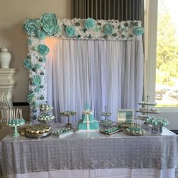 My bridal shower dessert table and back drop
