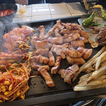 K Team BBQ - Kimchi, Thick Cut Pork Belly, Assorted Veggies, & Brisket - Korean Near Me - Los Angeles, California K Team BBQ - Kimchi, Thick Cut Pork Belly, Assorted Veggies, & Brisket - Korean Near Me - Los Angeles, California