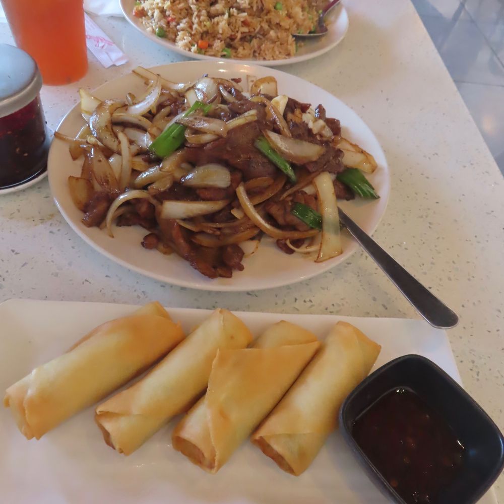 Pan Dumpling House - Fried rice with beef, Mongolian beef, vegetable egg rolls. - Chinese Near Me - Corona, California