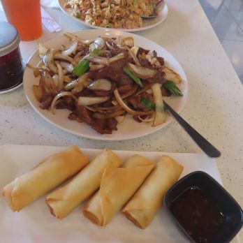 Pan Dumpling House - Fried rice with beef, Mongolian beef, vegetable egg rolls. - Chinese Near Me - Corona, California Pan Dumpling House - Fried rice with beef, Mongolian beef, vegetable egg rolls. - Chinese Near Me - Corona, California