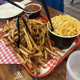Mac and cheese, Baked beans, and Fries. Mac and cheese, Baked beans, and Fries.