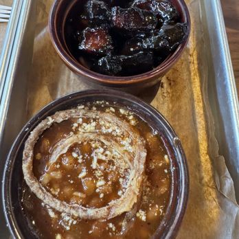 Brick's Smoked Meats - Burnt ends appetizer and side of pit smoked baked beans. - New American Near Me - Brandon, Florida