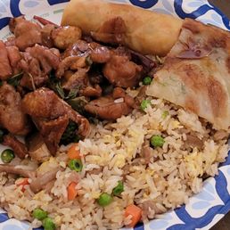Spicy Basil Chicken, Fried Rice, Egg Roll, and Scallion Pancake Spicy Basil Chicken, Fried Rice, Egg Roll, and Scallion Pancake