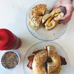 Bagel Chateau - Bacon egg and cheese on a toasted everything bagel with hot sauce