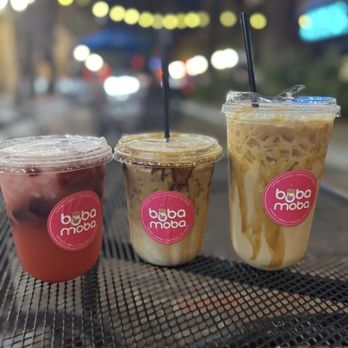 Boba Moba - 3 Berry Refresher(left), Iced Brown Sugar Espresso Latte(middle), and Iced Caramel Latte(right) - Bubble Tea Near Me - Glendale, California Boba Moba - 3 Berry Refresher(left), Iced Brown Sugar Espresso Latte(middle), and Iced Caramel Latte(right) - Bubble Tea Near Me - Glendale, California