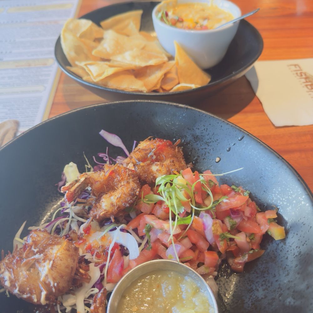 FishBar - Coconut Shrimp & crab queso. I also ordered salmon piccata and substituted noodles for mashed potatoes and it was delicious - Seafood Near Me - Manhattan Beach, California