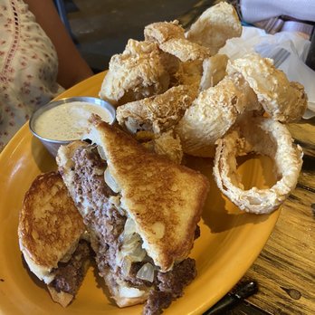 The Cow - Patty Melt with onion rings $9.99 - Steakhouses Near Me - Welch, Oklahoma