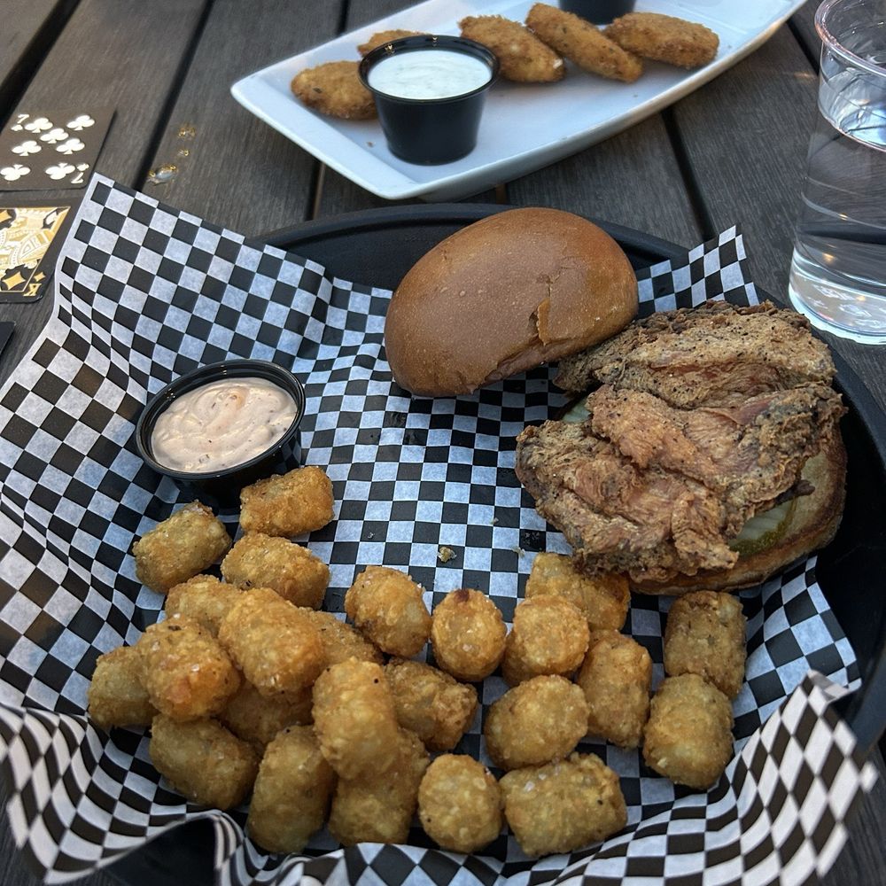 Will Call - crispy chicken sandwich (aioli on side) with tots - Bars Near Me - Denver, Colorado Will Call - crispy chicken sandwich (aioli on side) with tots - Bars Near Me - Denver, Colorado