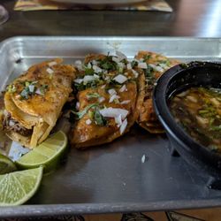 Don Taco Mexican Restaurant - Birra quesadilla but looks like tacos. They were delicious and the consomé was quite lovely