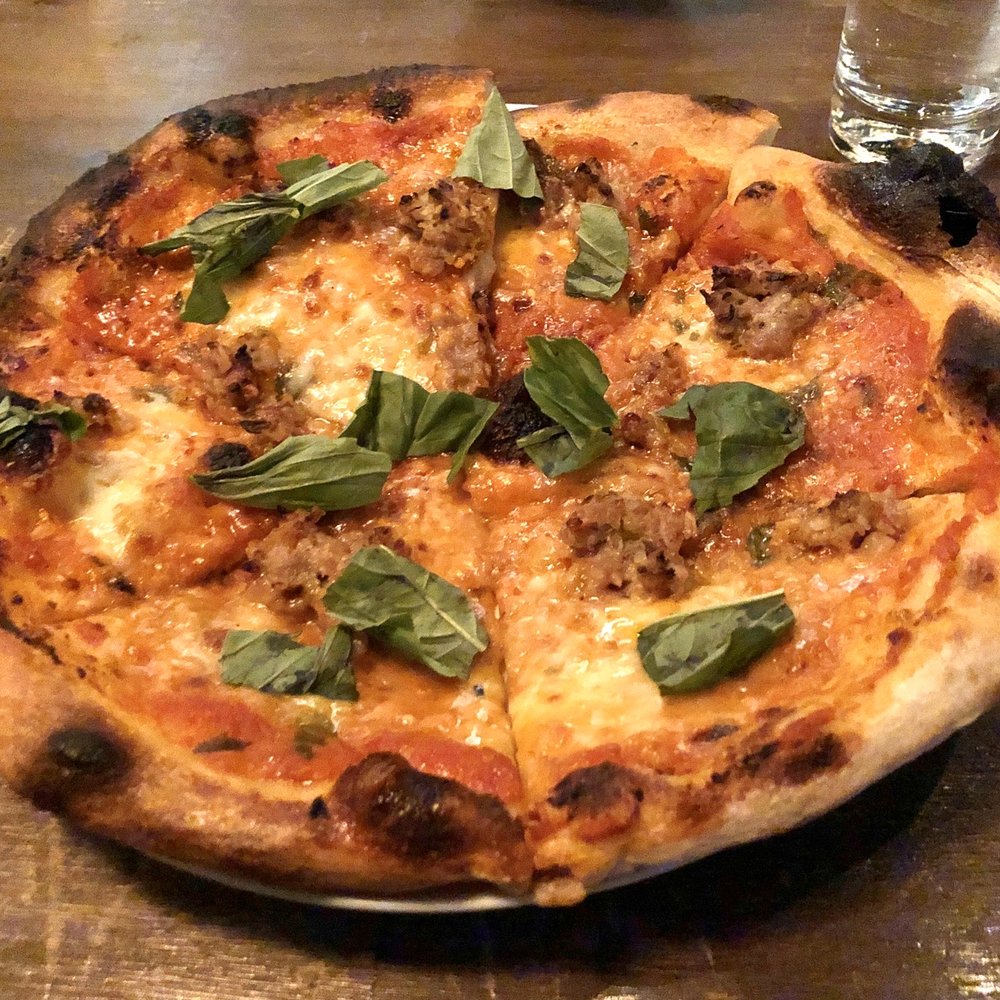 Wine & Growl - Margerhita pizza with sausage. Tough dough - Tapas/Small Plates Near Me - Portland, Oregon Wine & Growl - Margerhita pizza with sausage. Tough dough - Tapas/Small Plates Near Me - Portland, Oregon