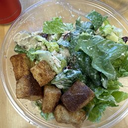 Romaine lettuce, garlic croutons, feta cheese, dried cranberries, chick peas, avocado and Ceasar dressing.