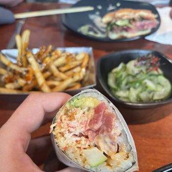 Kenji Burger - Front - Japanese Burrito
Back - Furikake Fries, Sunomono, Ahi Burger - Burgers Near Me - Lihue, Hawaii Kenji Burger - Front - Japanese Burrito
Back - Furikake Fries, Sunomono, Ahi Burger - Burgers Near Me - Lihue, Hawaii