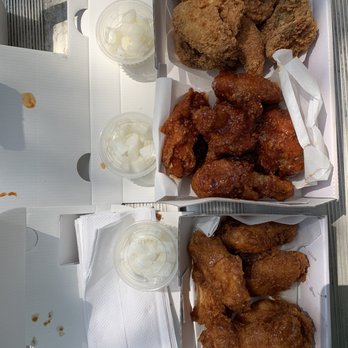 bb.q Chicken Katy - Top to bottom: original olive, secret spicy (HALF and HALF Combo) and Honey Garlic Wings - Chicken Shop Near Me - Katy, Texas bb.q Chicken Katy - Top to bottom: original olive, secret spicy (HALF and HALF Combo) and Honey Garlic Wings - Chicken Shop Near Me - Katy, Texas