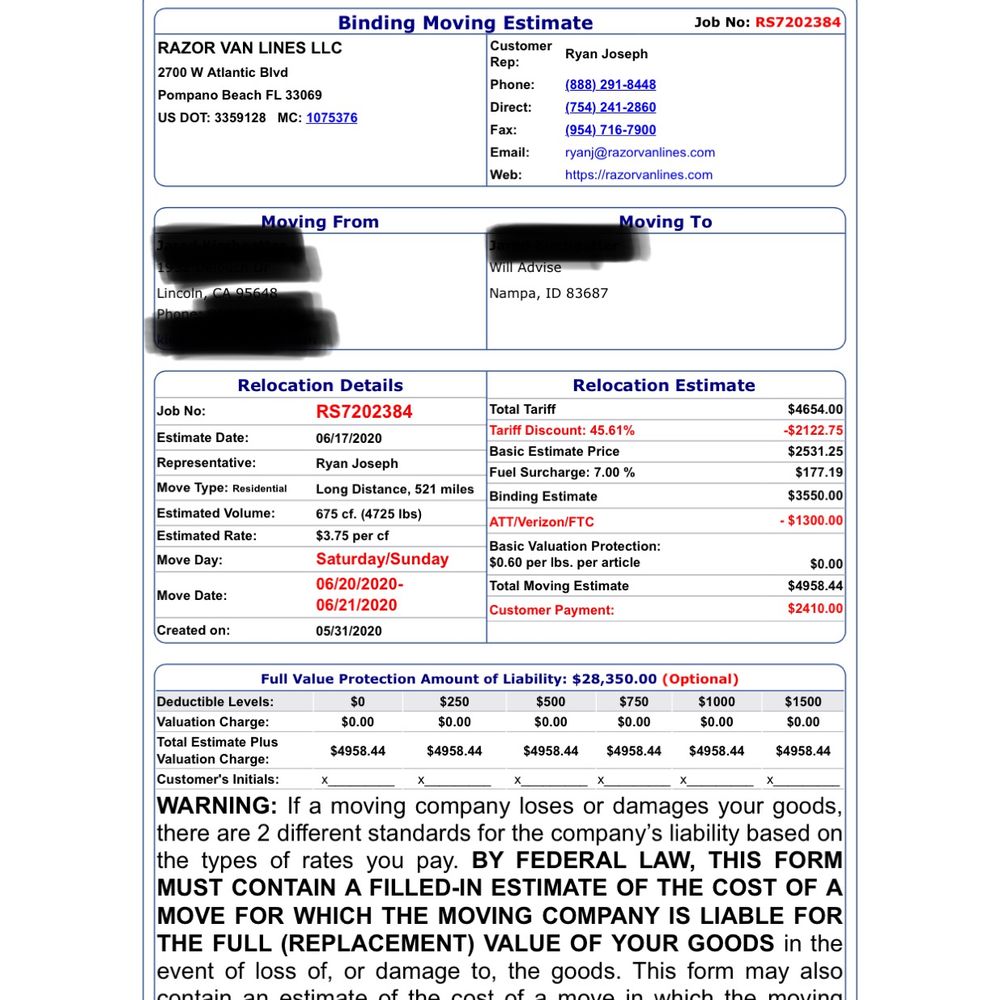 Razor Van Lines - 2nd supposed "detailed" quote - Movers Near Me Razor Van Lines - 2nd supposed "detailed" quote - Movers Near Me