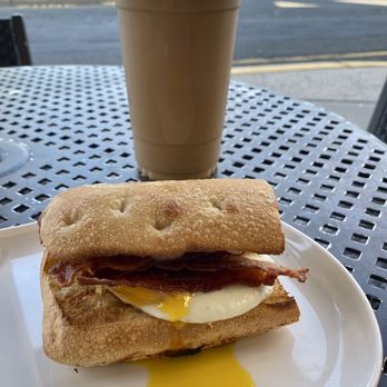 Panera Bread - Bacon, egg over easy, and cheese on ciabatta and an iced coffee... My perfect breakfast :) - Sandwiches Near Me - Watchung, New Jersey