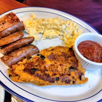 Jigger's Diner - Scrambled eggs, chicken sausage, sweet potato and black bean "hash", toast, and the red is salsa. - Diners Near Me - East Greenwich, Rhode Island Jigger's Diner - Scrambled eggs, chicken sausage, sweet potato and black bean "hash", toast, and the red is salsa. - Diners Near Me - East Greenwich, Rhode Island