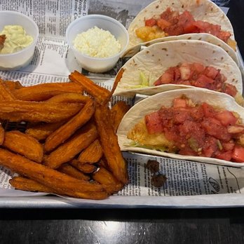 Barrett's Ale House - Fish tacos with sweet potato fries - Sports Bars Near Me - Bridgewater, Massachusetts Barrett's Ale House - Fish tacos with sweet potato fries - Sports Bars Near Me - Bridgewater, Massachusetts