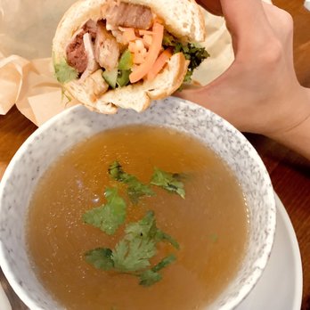 Le Bleu - Original banh mi with pate, pork, ordered a side bowl of beef broth - Vietnamese Near Me - Austin, Texas Le Bleu - Original banh mi with pate, pork, ordered a side bowl of beef broth - Vietnamese Near Me - Austin, Texas