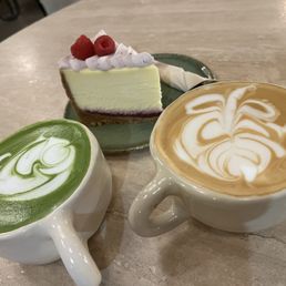 Cheese cake, decaf latte, matcha latte
