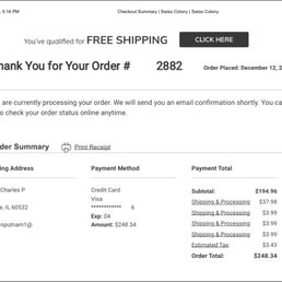 My Swiss Colony Bill showing Free Shipping