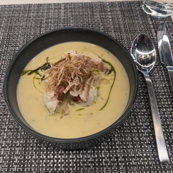 TRP Taste - Leek Soup with Poached Lobster, topped with Fried Leeks and Chive Oil - New American Near Me - Fort Lauderdale, Florida TRP Taste - Leek Soup with Poached Lobster, topped with Fried Leeks and Chive Oil - New American Near Me - Fort Lauderdale, Florida