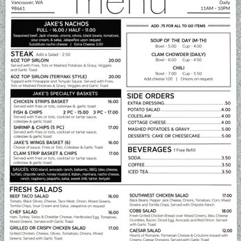 Jake's Bar & Grill - Food Menu pg. 1 - American Near Me - Vancouver, Washington Jake's Bar & Grill - Food Menu pg. 1 - American Near Me - Vancouver, Washington