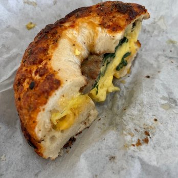 Bagel Junction - She recommended the pizza bagel for the sausage breakfast sandwich with mushrooms & spinach, SO GOOD! - Coffee & Tea Near Me - Auburn, California