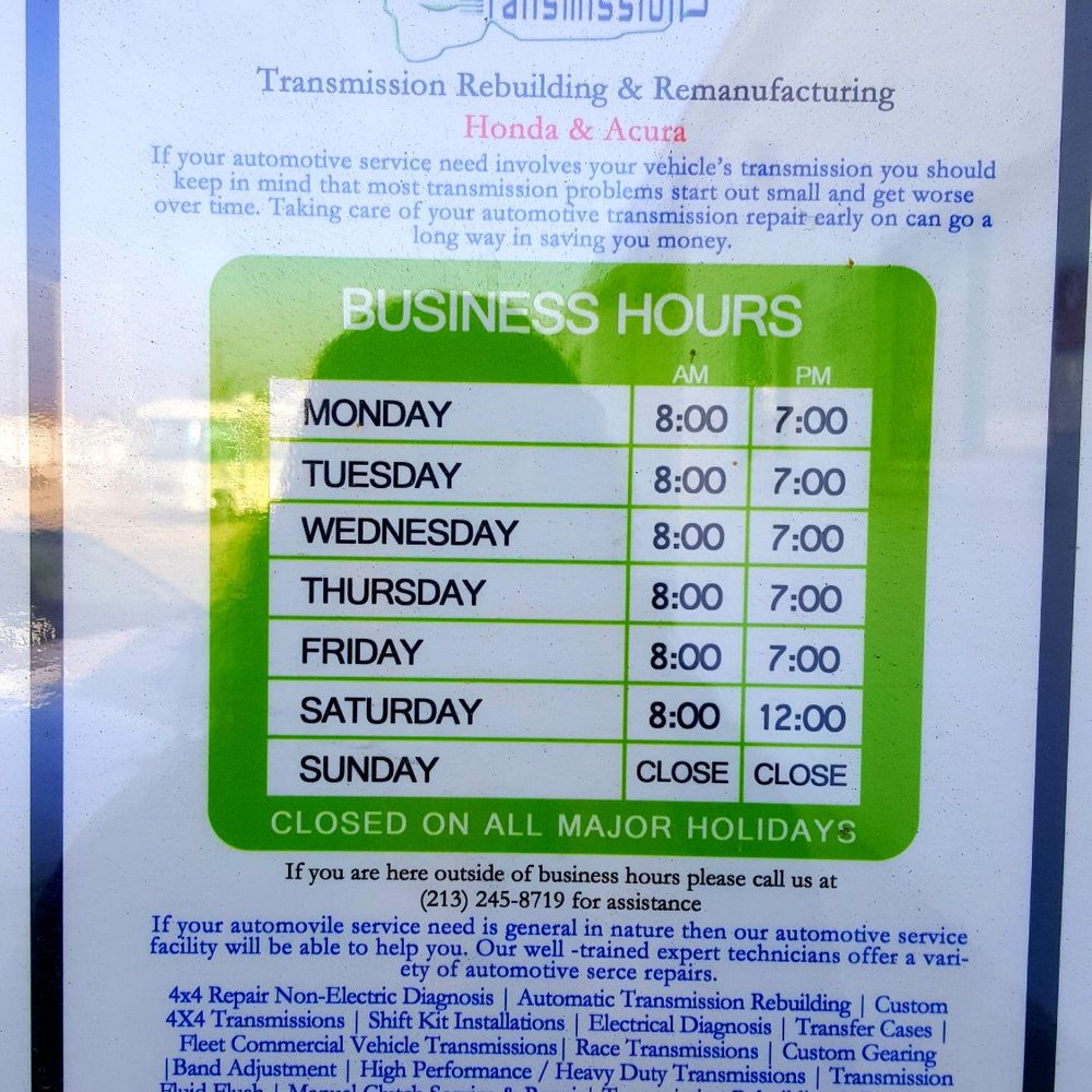 Green Transmissions - Hours as of 10/23/2017 - Transmission Repair Near Me - Covina, California Green Transmissions - Hours as of 10/23/2017 - Transmission Repair Near Me - Covina, California