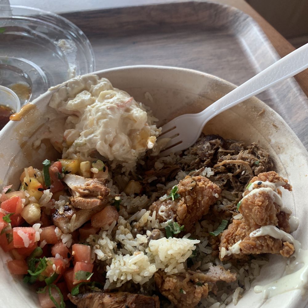Hello Hilo - Dish/Hello Hilo rice bowl-potato salad,chicken and pork,tomato,corn ,pineapple and seasoning - Breakfast & Brunch Near Me - Gainesville, Georgia Hello Hilo - Dish/Hello Hilo rice bowl-potato salad,chicken and pork,tomato,corn ,pineapple and seasoning - Breakfast & Brunch Near Me - Gainesville, Georgia
