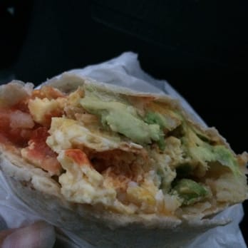 CJ Coffee House - Inside my veggie burrito (tomato salsa, avocado, bell pepper, hash browns, egg, cheese) - Coffee & Tea Near Me - Orange, California
