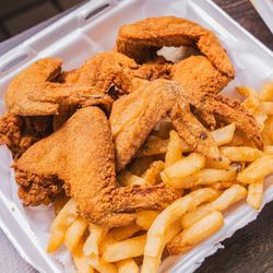 Blue Hook - Whole wing dinner and straight cut fries.